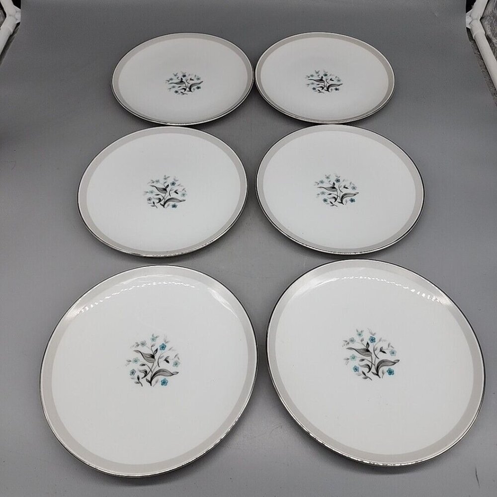 Meito China Set of 6 Bread Plates 6.5" turquoise flowers gray bands platinum rim